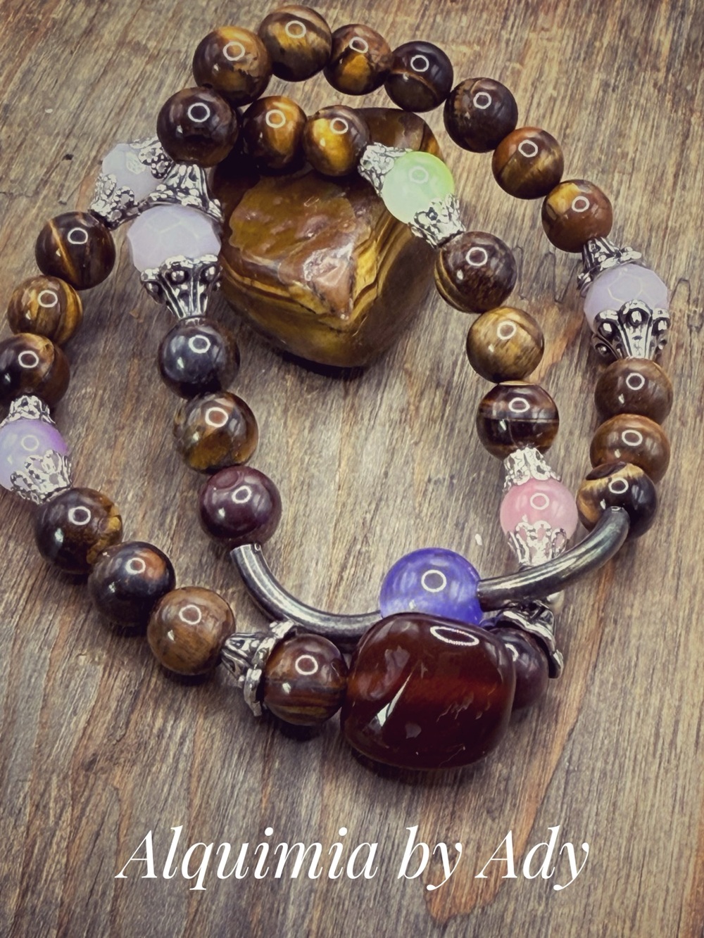 Brown Tiger Eye Bracelet Set with Pink, Purple & Green jade Accents